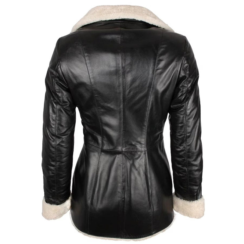 Women's Black Shearling Lambskin Leather Trench Overcoat