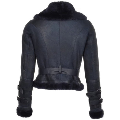 Women's Black Sheepskin Shearling Leather Bomber Jacket