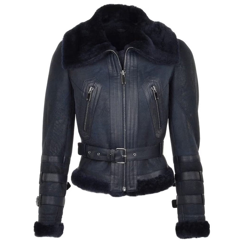 Women's Black Sheepskin Shearling Leather Bomber Jacket