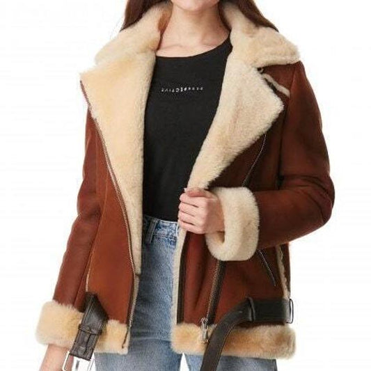 Women's Brown B3 Bomber Shearling Fur Leather Jacket