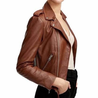 Women's Brown Leather Biker Jacket