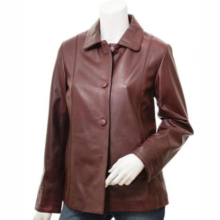 Women's Burgundy Sheepskin Leather Coat