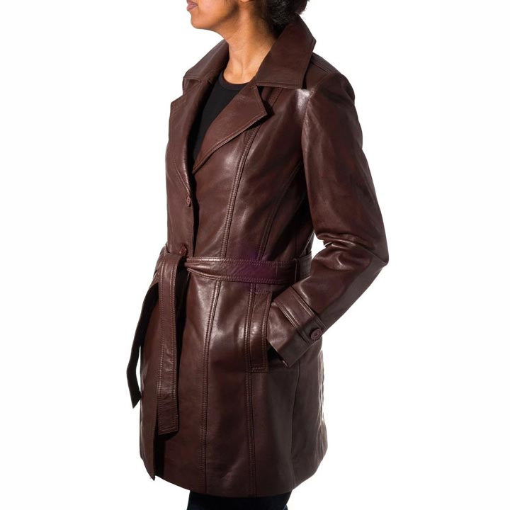Women's Chocolate Brown Genuine Leather Trench Coat