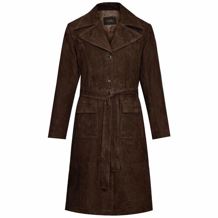 Women's Dark Brown RAF Aviator Suede Leather Trench Coat