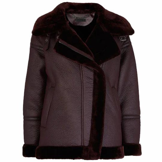 Women's Dark Maroon Faux Fur Shearling Biker Jacket