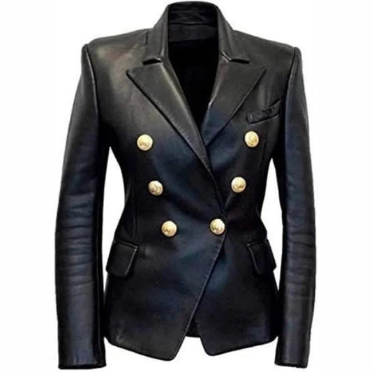Women's Designer Double Breasted Black Leather Blazer