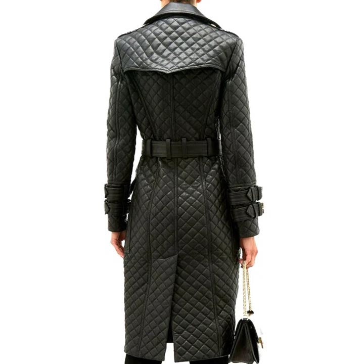 Women's Double-Breasted Quilted Leather Trench Coat