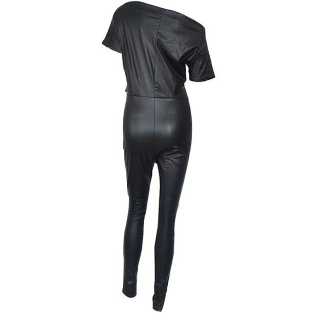 Women's Fashion Off Shoulder Leather Bodysuit Jumpsuit
