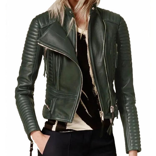 Women's Green Leather Biker Jacket with Peplum Waist
