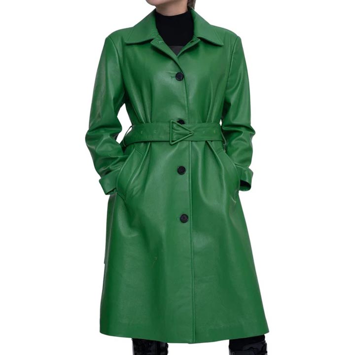 Women's Green Real Lambskin Soft Leather Trench Coat