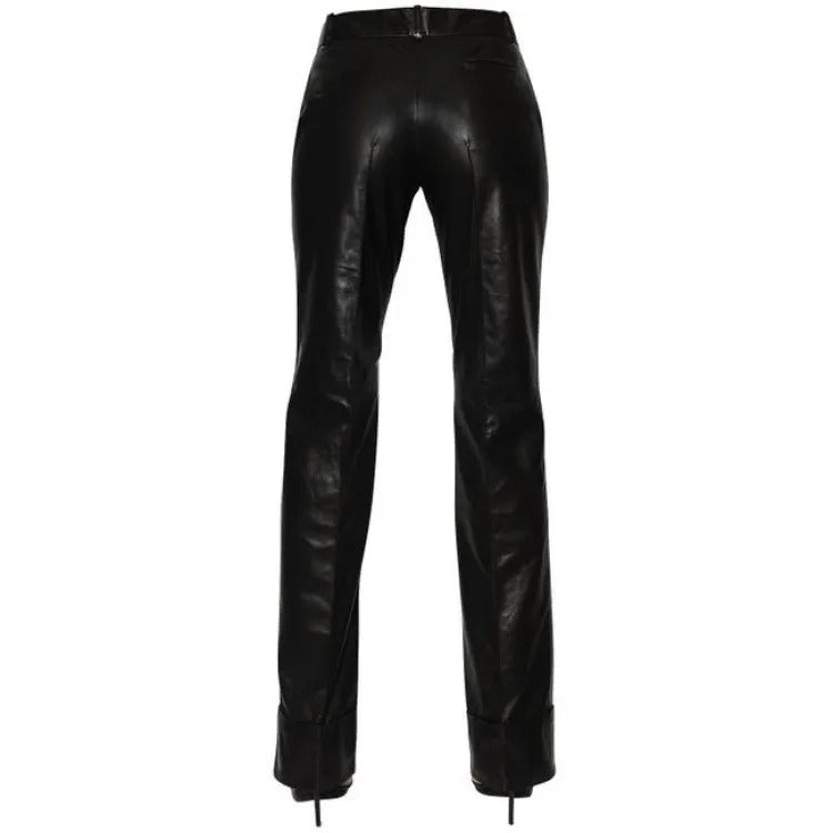 Women's Long Straight Leg Black Leather Pant