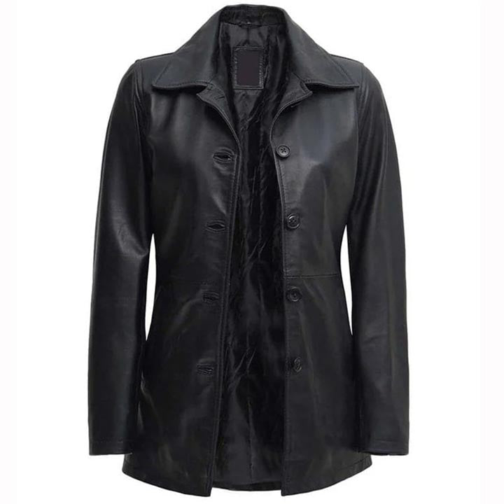 Women's Mid Length Black Leather Coat