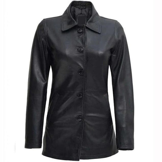 Women's Mid Length Black Leather Coat
