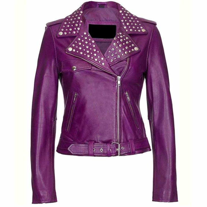 Women's Purple Leather Studded Biker Jacket