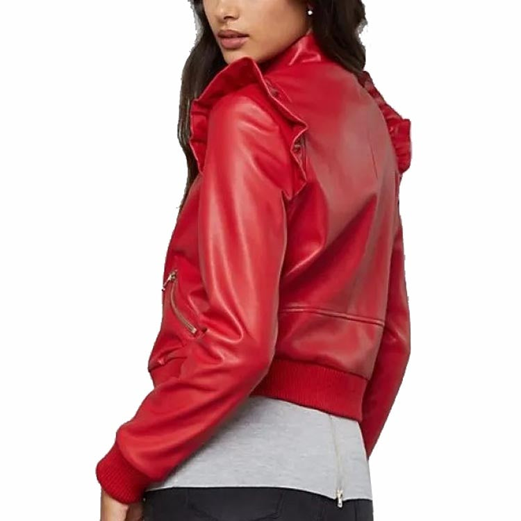 Women's Red Leather Bomber Jacket - Main Image