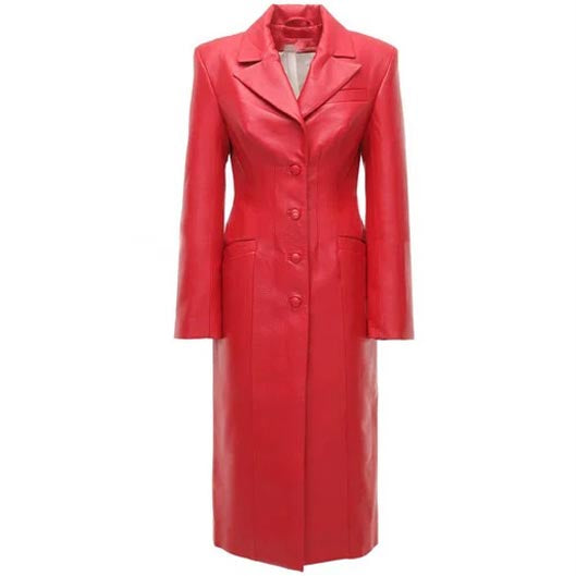 Women's Red Leather Button-Up Steampunk Trench Coat