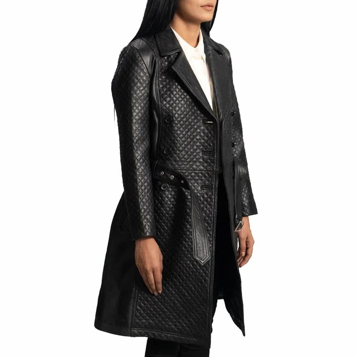 Women's Stylish Black Leather Quilted Trench Coat