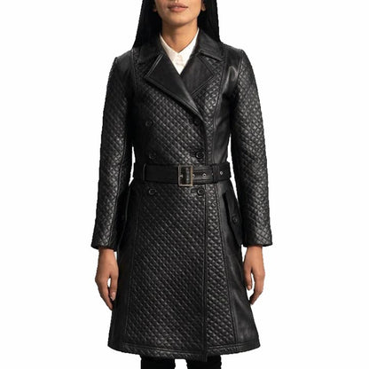 Women's Stylish Black Leather Quilted Trench Coat