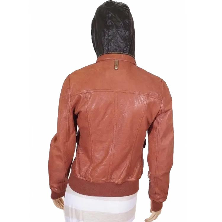 Women's Tan Brown Leather Bomber Jacket with Hood