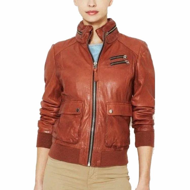 Buy Women's Tan Brown Leather Bomber Jacket with Hood