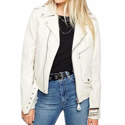 Women's White Leather Biker Jacket