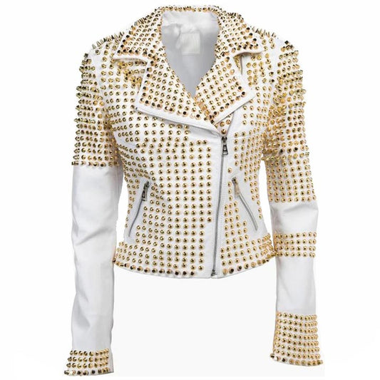 Women's White Leather Golden Studded Jacket