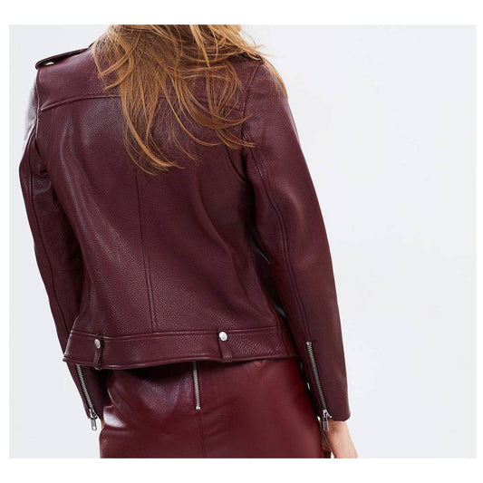 Womens Burgundy Leather Biker Jacket Motorcycle Lambskin Jacket