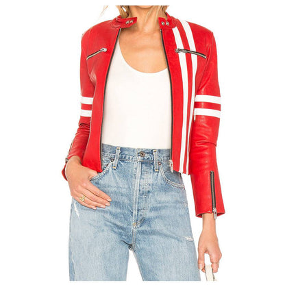 Womens Short Body Red Leather Fashion Jacket