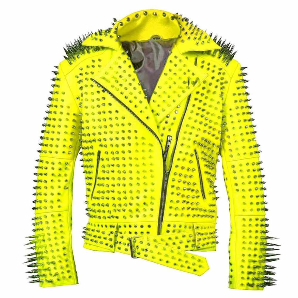 Yellow Brando Spiked Silver Studded Leather Jacket Mens