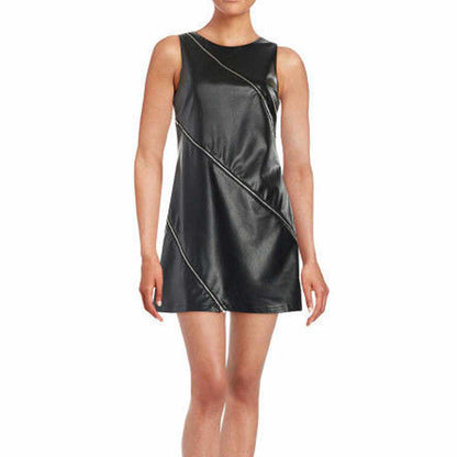 Front Zipper Black Leather Mini Dress For Women