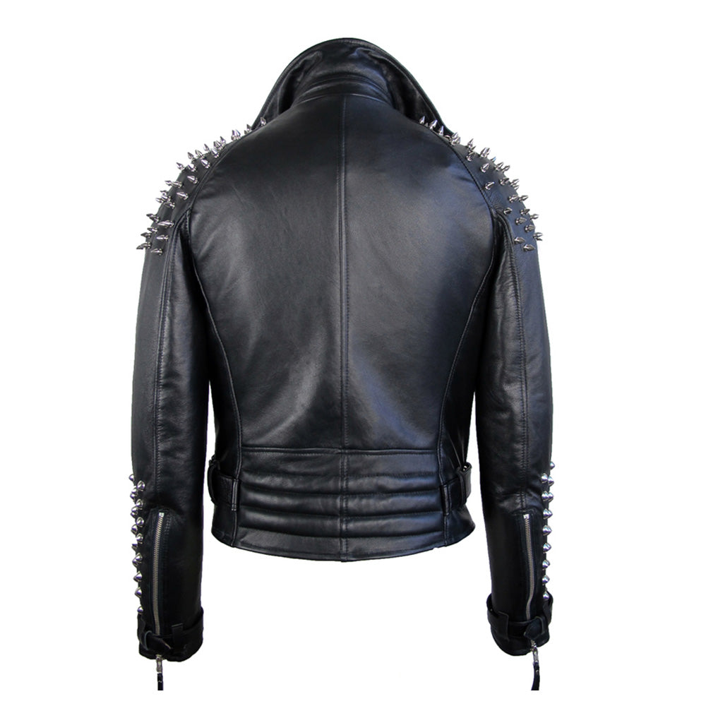 Men Classic Black Half Spiked Studded Zip Up Leather Jacket