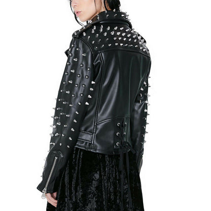 Women's Black Color Biker Genuine Leather Silver Spike Studded Belted Jacket