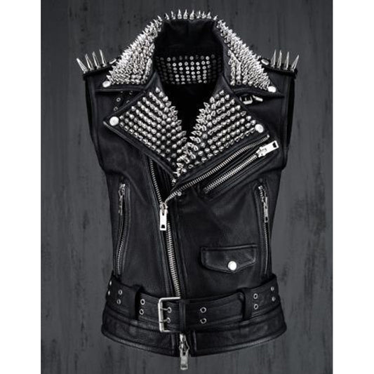 Men Silver Studded Leather Vest Party Wear Winter Summer