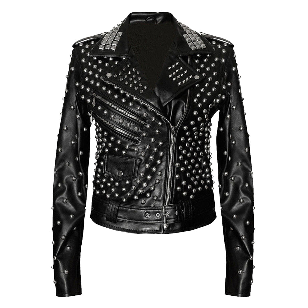 Women Black Brando Leather Jacket With Silver Studs