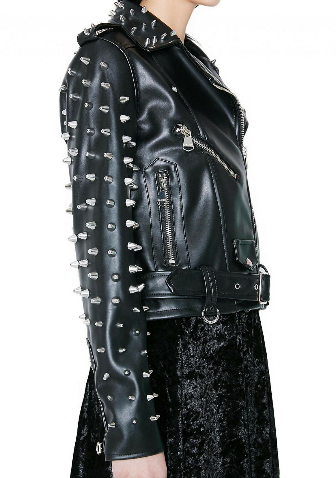 Women's Black Color Biker Genuine Leather Silver Spike Studded Belted Jacket