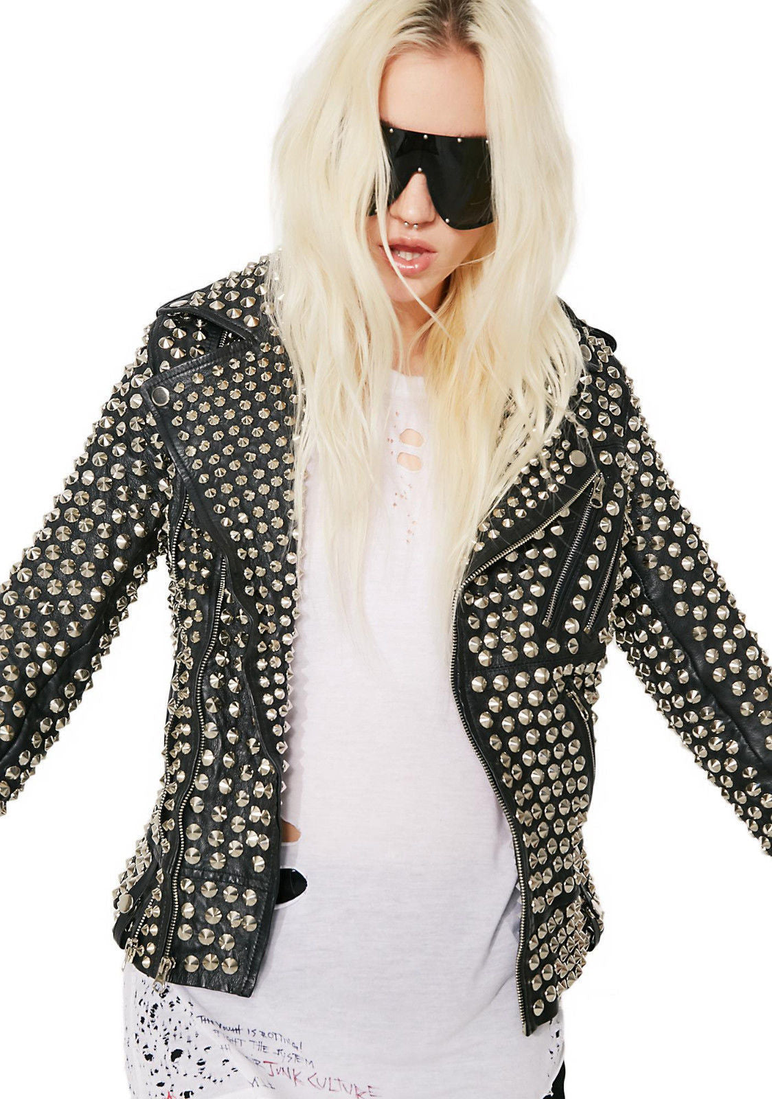 Women Rock Star Silver Studded Leather Jacket